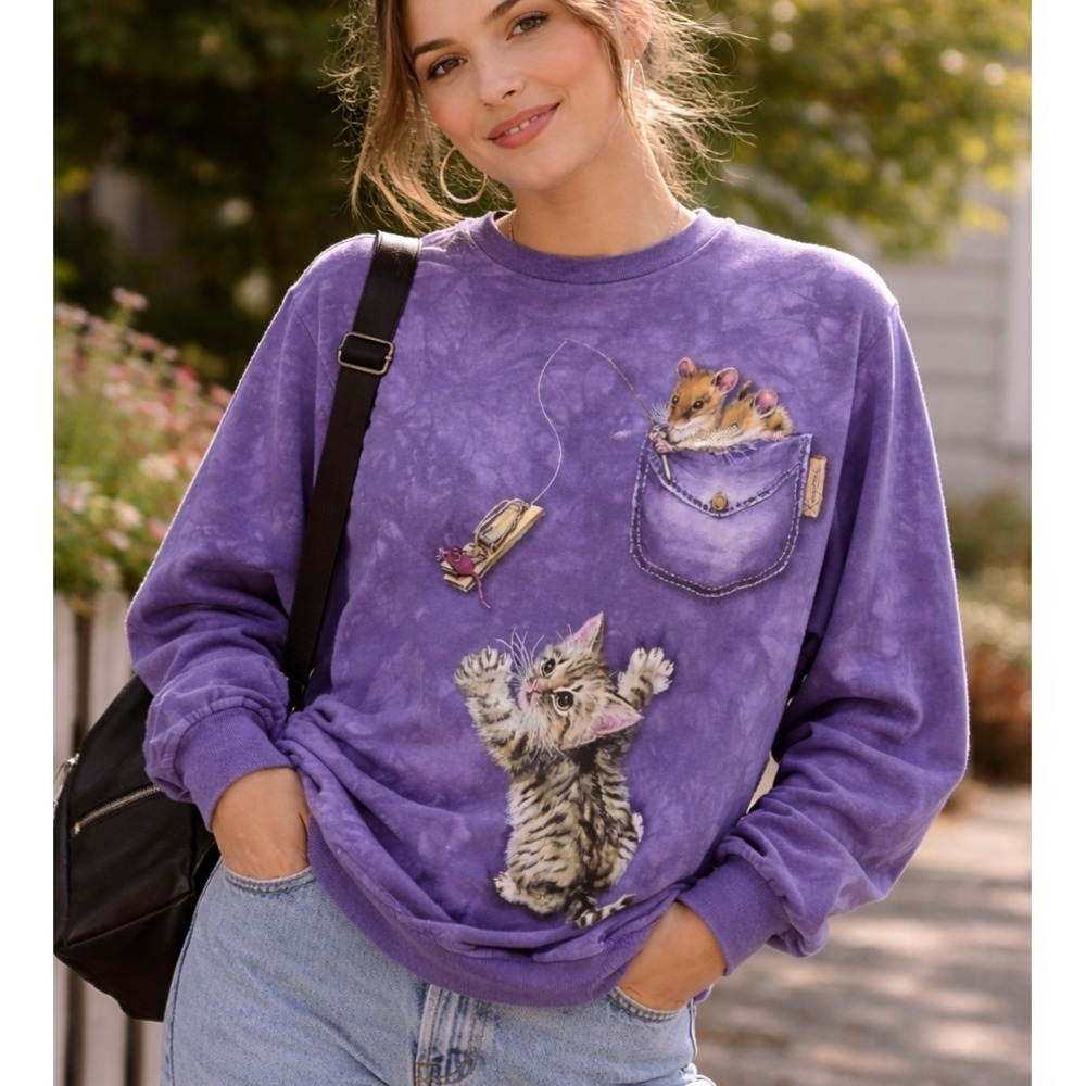 VTG The Mountain Women Whimsical Cat Mouse Trap Tie Dye T Shirt Sz M Cottagecore